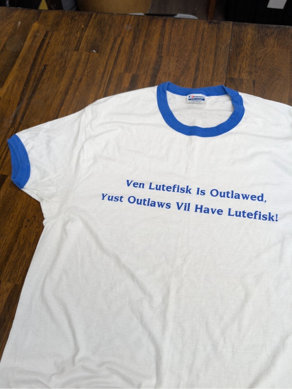Vtg Ringer T Shirt XL Ven Lutefisk Is Outlawed Funny Joke
